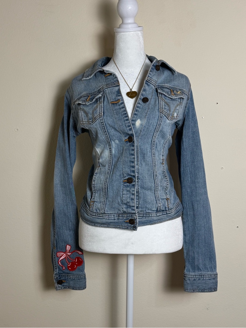 Hollister Light Blue Denim Jacket with Cherry Patch - Women's Jean Jacket
